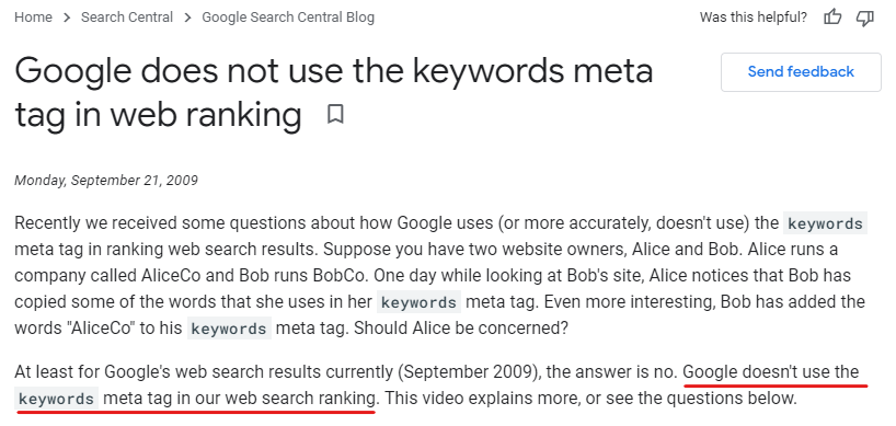 Google and meta keywords tag